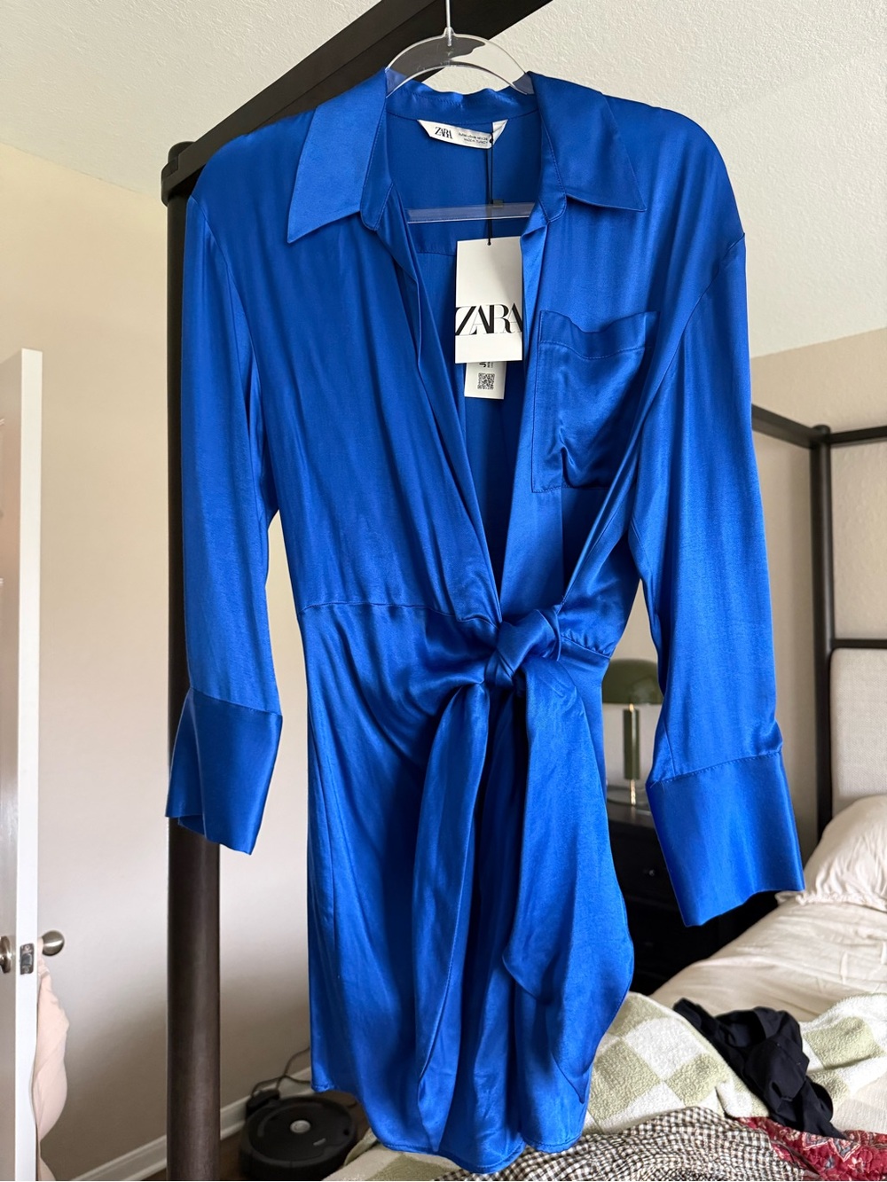 ZARA Women's Blue Satin Tie-Front Dress